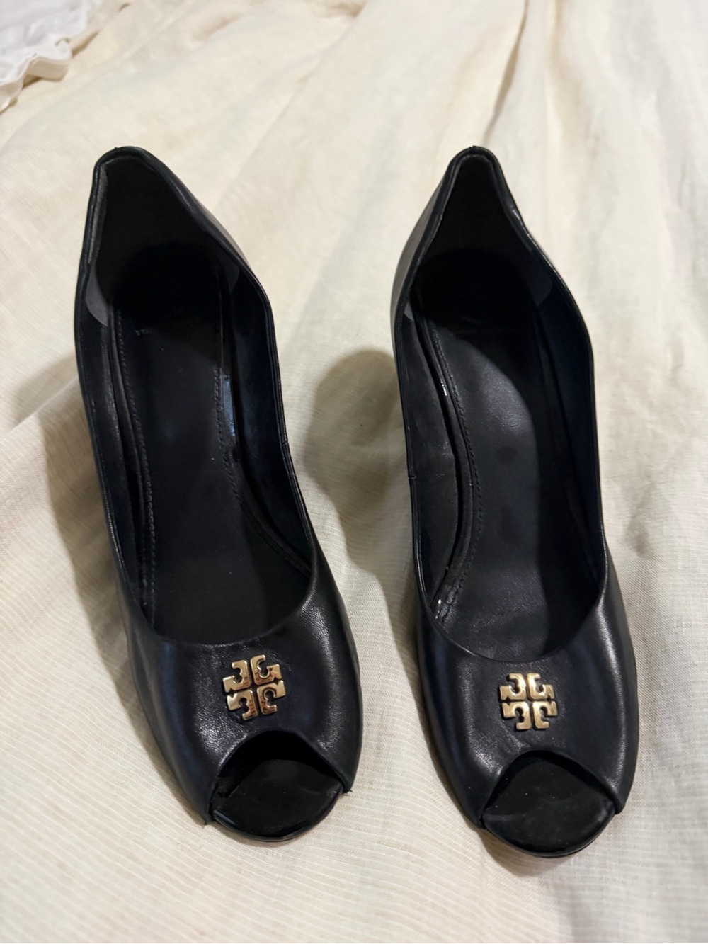 Tory Burch Black Leather Peep-Toe Pumps with Gold Logo Accent